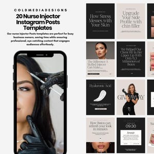 May include: A smartphone displays a close-up of a cosmetic procedure, with a needle injecting a substance near an eye. The image is part of a template set for nurse injectors, with examples of Instagram posts.