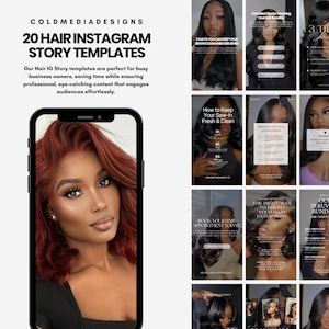 May include: A collection of 20 Instagram story templates for hair businesses. The templates feature tips for washing hair bundles, keeping sew-in hair fresh and clean, booking appointments, and brushing hair extensions. The templates are designed in a modern, minimalist style with a black and white color scheme.