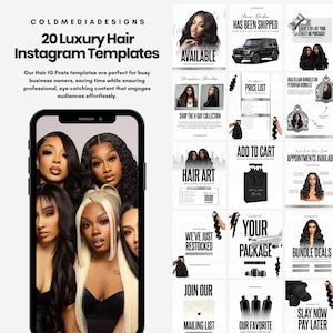May include: A smartphone displays a collage of hair-related Instagram templates. The templates feature images of hair bundles, hair art, and promotional text. The top left corner reads "20 Luxury Hair Instagram Templates."