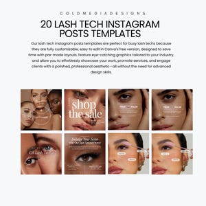 Puede incluir: Imagen promocional para plantillas de publicaciones de Instagram para t&eacute;cnicos de pesta&ntilde;as. La imagen presenta una cuadr&iacute;cula de publicaciones de muestra con superposiciones de texto como "Shop the Sale" y "True False". El texto principal dice "20 Lash Tech Instagram Posts Templates."