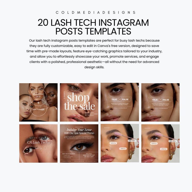 Puede incluir: Imagen promocional para plantillas de publicaciones de Instagram para t&eacute;cnicos de pesta&ntilde;as. La imagen presenta una cuadr&iacute;cula de publicaciones de muestra con superposiciones de texto como "Shop the Sale" y "True False". El texto principal dice "20 Lash Tech Instagram Posts Templates."