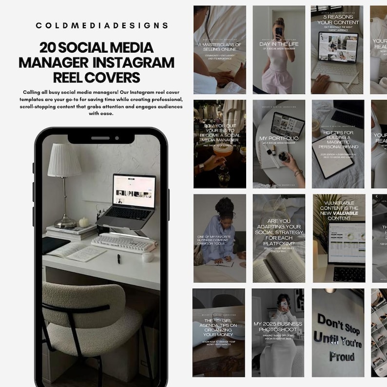 May include: A collage of 20 Instagram reel covers for social media managers. The covers feature a variety of topics, including tips for building a personal brand, creating valuable content, and adapting social media strategies for different platforms. The covers are designed in a modern and minimalist style with a black and white color scheme.