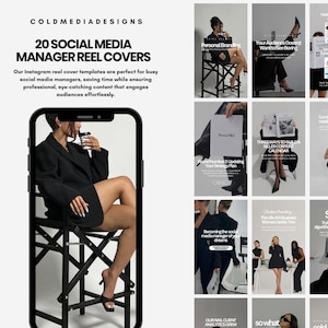 May include: A collage of 20 Instagram reel cover templates for social media managers. The covers feature a variety of designs, including a woman sitting on a chair, a woman holding a coffee cup, and a woman sitting at a desk. The covers also include text such as "Personal Branding", "Your Audience Doesn't Want to See Boring", and "Three Ways to Build a Killer Content Calendar".
