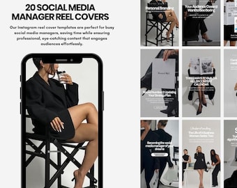 May include: A collage of 20 Instagram reel cover templates for social media managers. The covers feature a variety of designs, including a woman sitting on a chair, a woman holding a coffee cup, and a woman sitting at a desk. The covers also include text such as "Personal Branding", "Your Audience Doesn't Want to See Boring", and "Three Ways to Build a Killer Content Calendar".