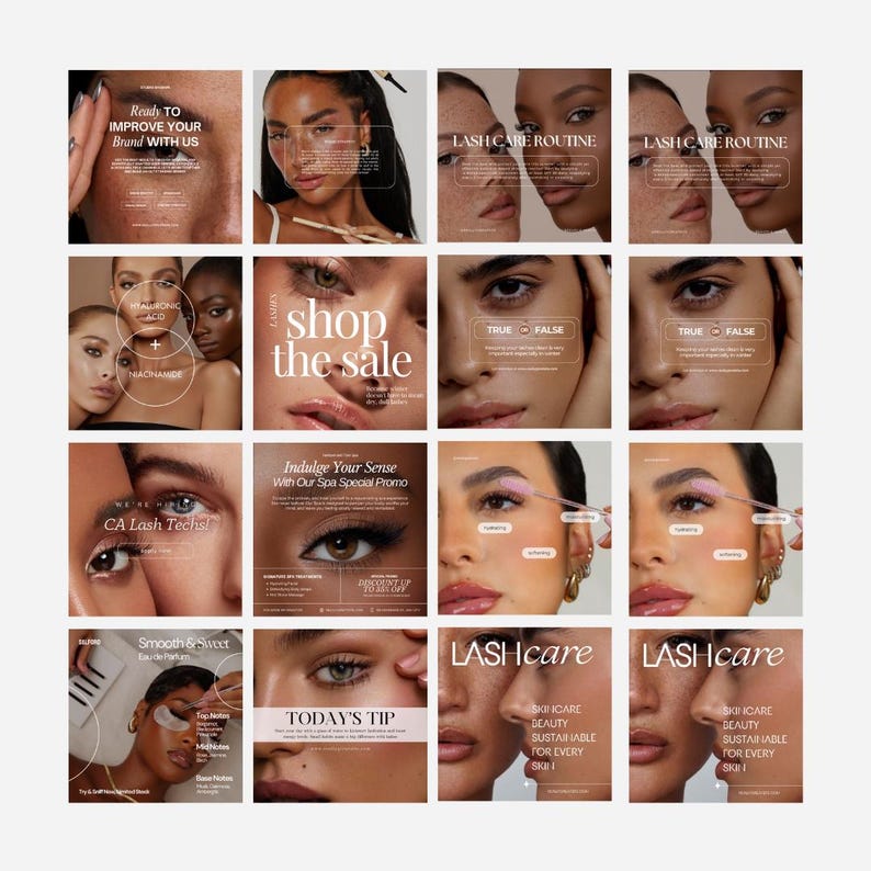 Puede incluir: Una cuadr&iacute;cula de diecis&eacute;is anuncios de productos de belleza. Los anuncios presentan im&aacute;genes de primeros planos de rostros, texto e informaci&oacute;n del producto. El texto incluye frases como "Shop the Sale", "Lash Care Routine" y "Today's Tip."