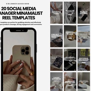 Op de afbeelding: Een promotieafbeelding voor social media reel templates. De afbeelding toont een smartphone met een template, met andere templates eromheen gerangschikt. Tekst op de afbeelding luidt "20 Social Media Manager Minimalist Reel Templates."