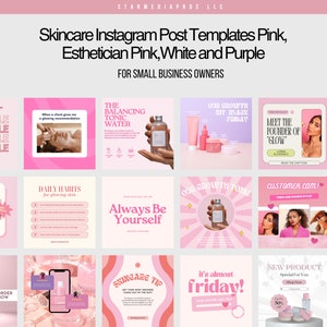 May include: A collection of pink and white Instagram post templates for skincare businesses. The templates feature various designs, including product photos, text overlays, and graphics. Some of the text includes "Huge Sale", "The Balancing Tonic Water", "Meet the Founder of Glow", "Daily Habits for Glowing Skin", "Always Be Yourself", "Skincare Tip", "It's almost Friday!" and "New Product Special for You".