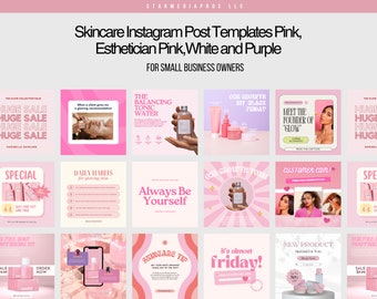 May include: A collection of pink and white Instagram post templates for skincare businesses. The templates feature various designs, including product photos, text overlays, and graphics. Some of the text includes "Huge Sale", "The Balancing Tonic Water", "Meet the Founder of Glow", "Daily Habits for Glowing Skin", "Always Be Yourself", "Skincare Tip", "It's almost Friday!" and "New Product Special for You".