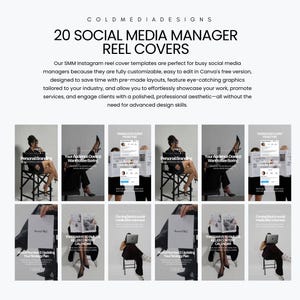May include: A set of 20 social media reel cover templates for Instagram. The templates feature a variety of designs, including personal branding, content calendar, and audience engagement tips. The templates are designed to be easily customizable and can be used to promote services, engage clients, and showcase work.