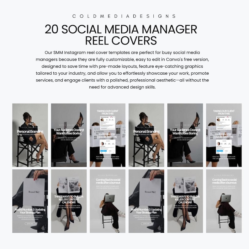 May include: A set of 20 social media reel cover templates for Instagram. The templates feature a variety of designs, including personal branding, content calendar, and audience engagement tips. The templates are designed to be easily customizable and can be used to promote services, engage clients, and showcase work.