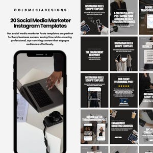 May include: A promotional image for social media templates. The image features a phone displaying a laptop and camera, with a grid of Instagram post templates. Text includes "20 Social Media Marketer Instagram Templates" and "COLDMEDIADESIGNS".