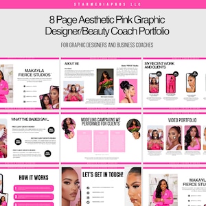 Modelo de Portfólio de Designer Gráfico e Marketing Rosa | Portfólio de Marketing | Portfólio Rosa Choque | Portfólio Estético de 8 Páginas | Design Canva