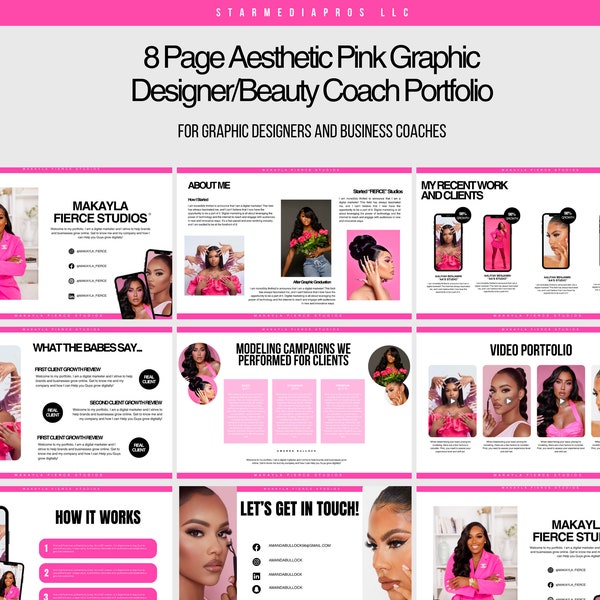 Pink Graphic Designer and Marketer Portfolio Template | Marketing Portfolio | Hot Pink Portfolio | Aesthetic 8 Page Portfolio | Canva Design