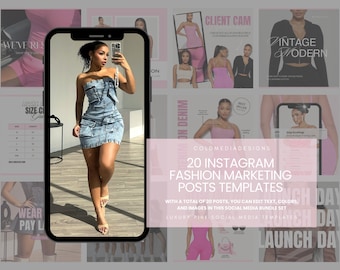 May include: A smartphone displays a woman in a denim mini-dress, part of a social media marketing template set. The image includes text: "20 Instagram Fashion Marketing Posts Templates" and "Luxury Pink Social Media Templates."