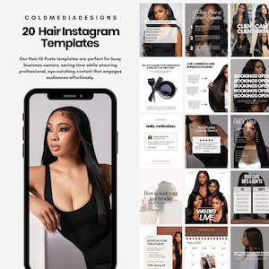 May include: A promotional image for "COLDMEDIADESIGNS" featuring 20 Hair Instagram Templates. The image includes a smartphone displaying a woman with long black hair, surrounded by various hair care-related Instagram post templates. The templates cover topics like hair care, bundles, and keratin treatments.