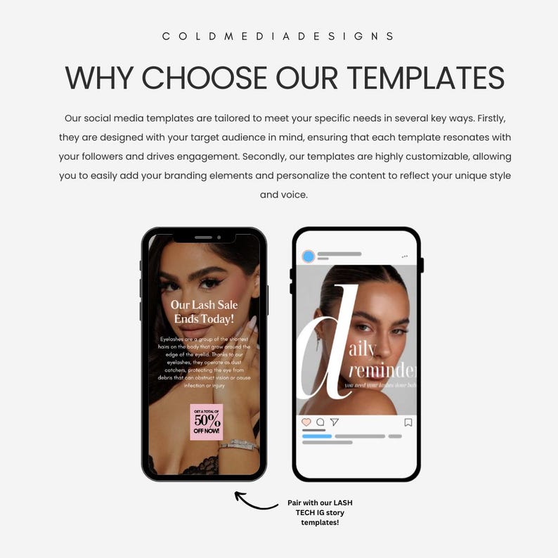 Puede incluir: Una imagen publicitaria de plantillas para redes sociales. La imagen presenta dos tel&eacute;fonos inteligentes que muestran plantillas de historias de Instagram. Uno muestra una venta de pesta&ntilde;as con "50% OFF NOW!". El otro muestra una plantilla de recordatorio diario.