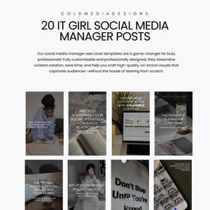 May include: A collage of nine images with tips for social media managers. The images feature text such as "Vulnerable content is the new valuable content", "Are you adapting your social strategy for each platform?", "The IT Girl Agenda: Tips on organizing your money", "My 2025 Business Photoshoot", "Don't Stop Until You're Proud", and "The power of playing the long game".