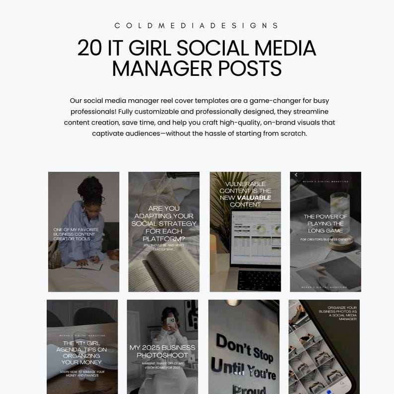 May include: A collage of nine images with tips for social media managers. The images feature text such as "Vulnerable content is the new valuable content", "Are you adapting your social strategy for each platform?", "The IT Girl Agenda: Tips on organizing your money", "My 2025 Business Photoshoot", "Don't Stop Until You're Proud", and "The power of playing the long game".
