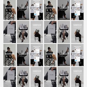 May include: A collage of 16 images featuring a woman sitting on a chair. The images are divided into four rows of four images each. The images are all in a similar style, with the woman wearing a black dress and sitting on a chair with a black and white striped pattern. The images are all set against a white background. The text in the images includes "Personal Branding", "Your Audience Doesn't Want to See Boring", "Three Ways to Build a Killer Content Calendar", and "Round Number 2: Updating Your Strategy Plan".