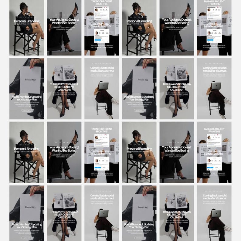 May include: A collage of 16 images featuring a woman sitting on a chair. The images are divided into four rows of four images each. The images are all in a similar style, with the woman wearing a black dress and sitting on a chair with a black and white striped pattern. The images are all set against a white background. The text in the images includes "Personal Branding", "Your Audience Doesn't Want to See Boring", "Three Ways to Build a Killer Content Calendar", and "Round Number 2: Updating Your Strategy Plan".