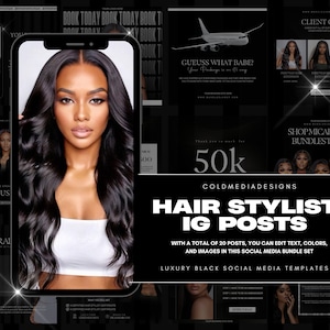20 Hair IG Canva Templates | Hair Stylist Hair Boutique Branding Kit | Luxury Black Instagram Flyers | Hair Bundle Posts |
