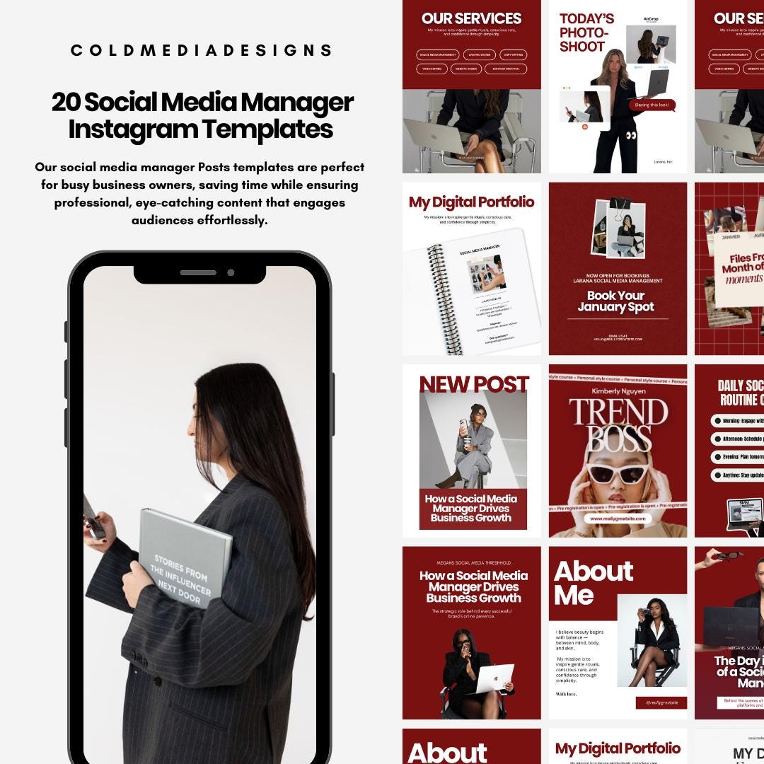 Instagram Social Media Manager Posts Templates | Set of 20 | Canva ...