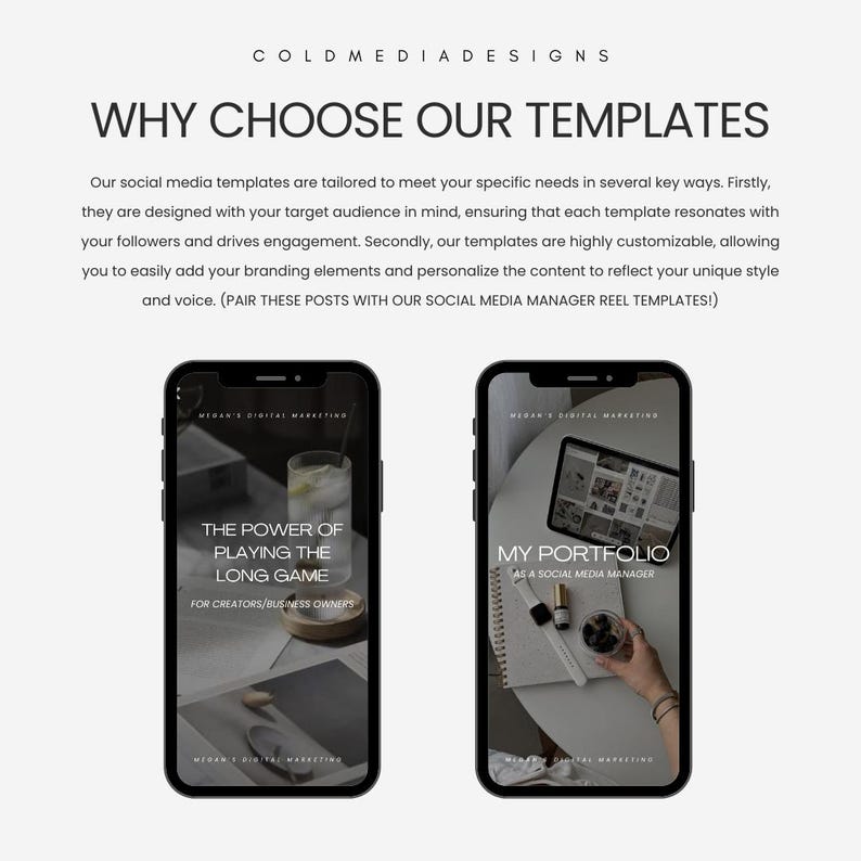 May include: Two phone screen mockups showing social media post templates. The left mockup shows a black and white image with the text "The Power of Playing the Long Game for Creators/Business Owners". The right mockup shows a photo of a notebook, a bottle of essential oil, and blueberries with the text "My Portfolio as a Social Media Manager".