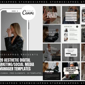 May include: A collage of 20 aesthetic digital marketing and social media manager templates, editable in Canva. The templates feature a black and white colour scheme with a modern and minimalist design. The templates include text such as "Social Media Audit", "Social Media Branding", and "Instagram Hacks".