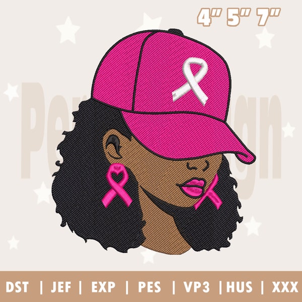 Cancer Ribbon Embroidery Design, Pink Ribbon Black Woman Breast Cancer Embroidery Design, Pink Ribbon Embroidery Instant Download