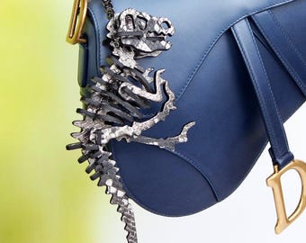 Silver Snake Skin T-Rex Dinosaur Leather Bag Charm, Handmade Leather Keychain for Purse