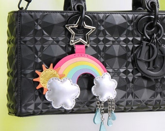 Rainbow Leather Bag Charm - Sun, Rain & Clouds, Handmade Pride Keychain for Purse