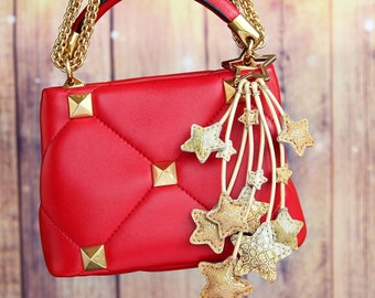 Gold Shooting Stars Leather Keychain Charm, Handmade Iridescent Celestial Bag Accessory