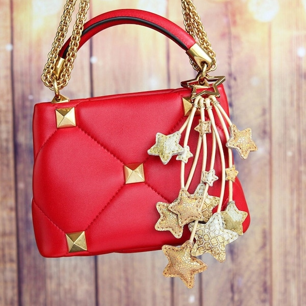 Gold Shooting Stars Leather Keychain Charm, Handmade Iridescent Celestial Bag Accessory