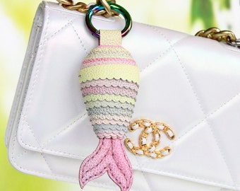 Ombre Pastel Mermaid Tail Leather Bag Charm, Handmade Fish Keychain