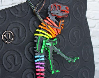 Neon Rainbow T-Rex Bag Charm, Handmade Glow in the Dark Leather Dinosaur Keychain