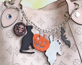 Multiway Halloween Leather Bag Charm, Handmade Halloween keychain For Purse