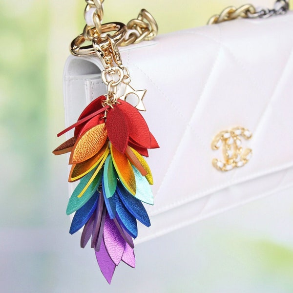 Metallic Rainbow Leaves Leather Bag Charm, Customizable Keychain for Purse Charm, Mothers Day Gift