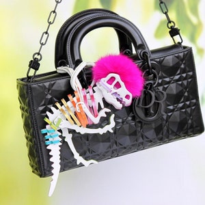 Hot Pink Mohawk T-Rex Dinosaur Bag Charm, Rainbow T Rex Dino Leather Purse Charm, Handmade Gift for Her