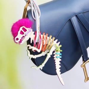 Rainbow T-Rex Dino Leather Bag Charm, Handmade Hot Pink Mohawk Dinosaur Purse Accessories