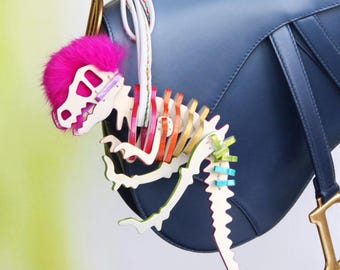 Rainbow T-Rex Dino Leather Bag Charm, Handmade Hot Pink Mohawk Dinosaur Purse Accessories