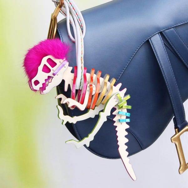 Rainbow T-Rex Dino Leather Bag Charm, Handmade Hot Pink Mohawk Dinosaur Purse Accessories