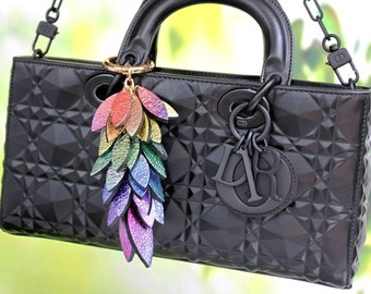 Reversible Rainbow Leaves Leather Bag Charm, Handmade Metallic Ombre Keychain for Purse