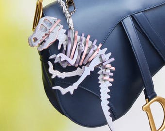 Iridescent Silver T-Rex Leather Bag Charm for Purse, Handmade 3D Dinosaur Custom Keychain Gift