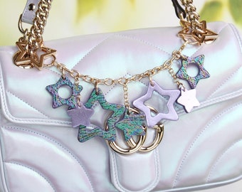 Iridescent Stars Leather Bag Charm, Handmade Multiway Keychain Purse Accessory