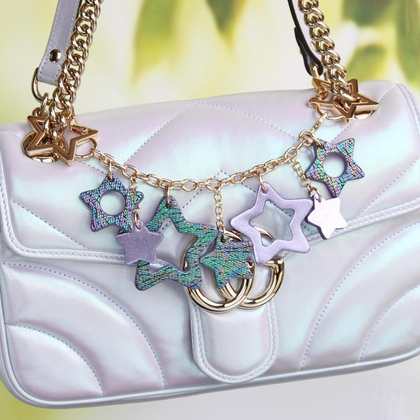 Iridescent Stars Leather Bag Charm, Handmade Multiway Keychain Purse Accessory