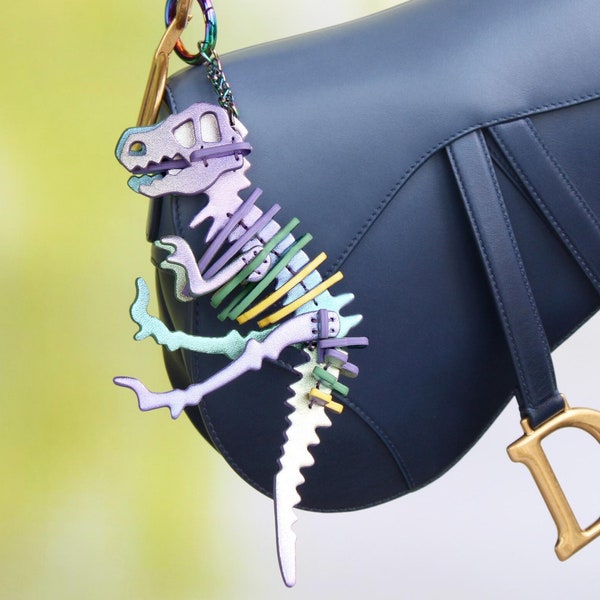 Ombre Pastel T-Rex Leather Bag Charm, Handmade 3D Dinosaur Purse Keychain