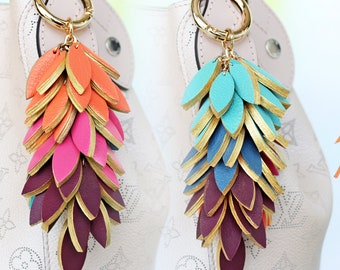 Reversible Leaves Leather Bag Charm, Handmade Rainbow Keychain for Purse