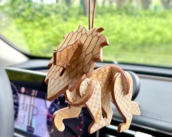 Gold Lion Leather Bag Charm, Handmade Python Print Lion Rearview Mirror Hanger