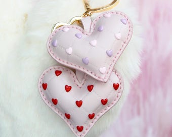 Puffy Studded Heart Leather Bag Charm, Handcrafted Personalized Purse Keychain