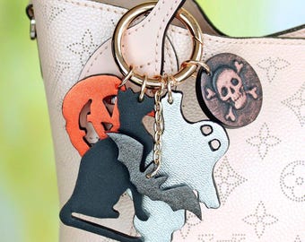 Halloween Leather Bag Charm, Handcrafted Pumpkin Cat Ghost Bat Skull Purse Keychain